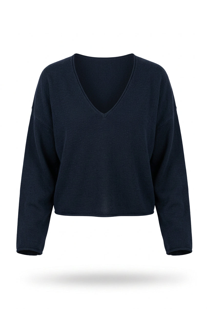 Trestles Clothing Company See Me V-Neck Pullover in navy blue featuring an oversized fit and dropped shoulders.